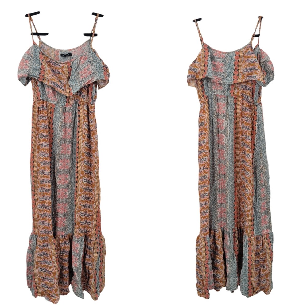 Festival Patchwork Paisley Floral Ruffle Tiered Maxi Dress Sz S Pastel Boho